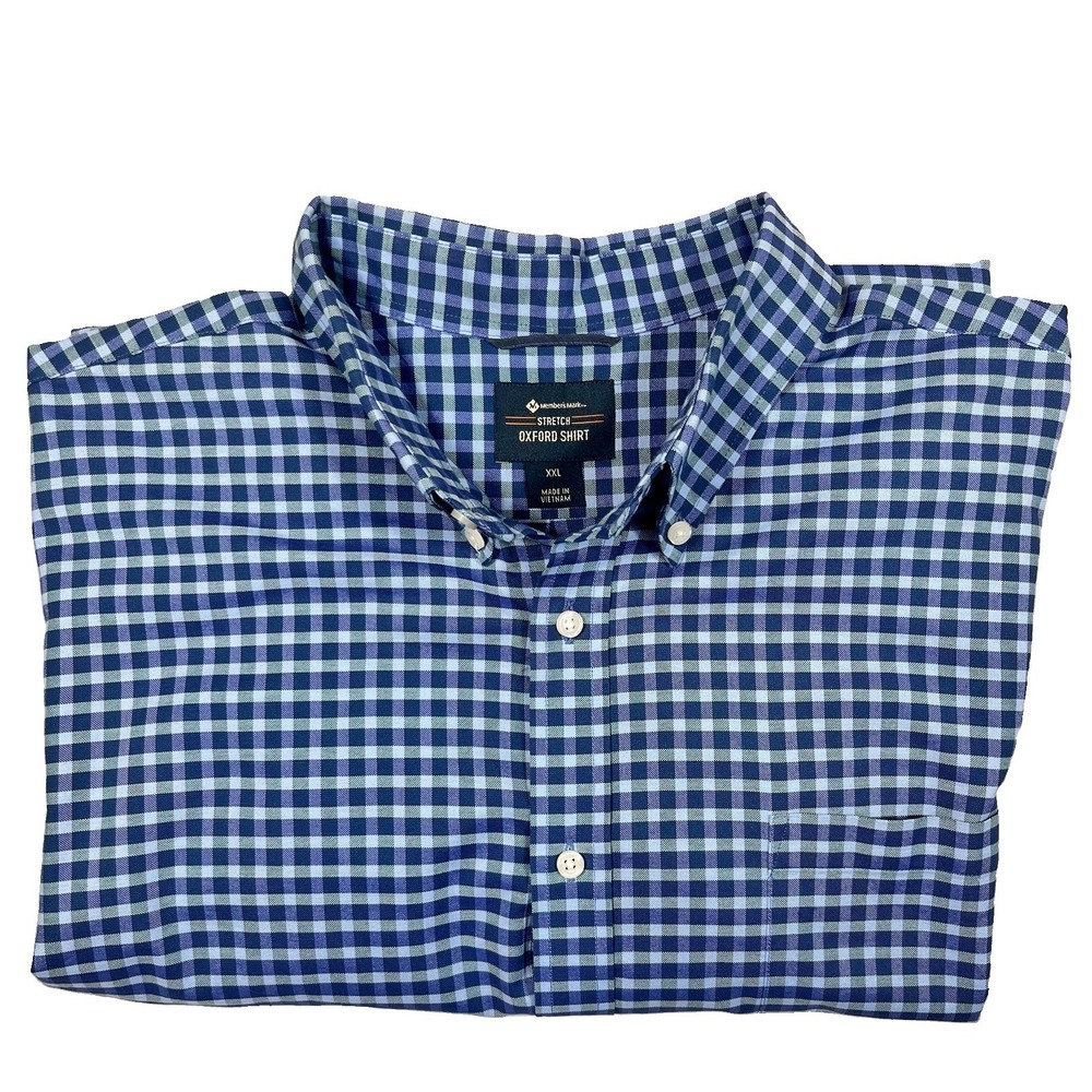 Members Mark XXL Stretch Oxford Shirt Blue White Gingham Check Button Down Men's